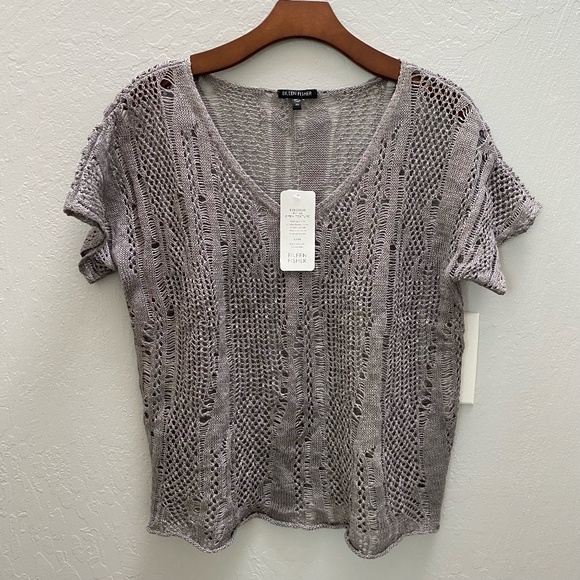 Eileen Fisher Precious Metal Open Texture Linen Silver V Neck S/S Top XS - Picture 11 of 11